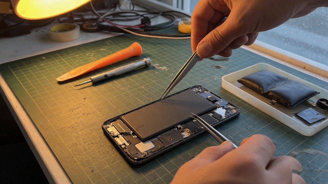 A phone battery being replaced on a workbench