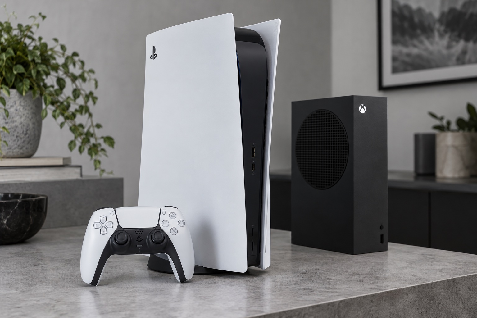 Illustrative PlayStation 5, DualSense controller and Xbox console