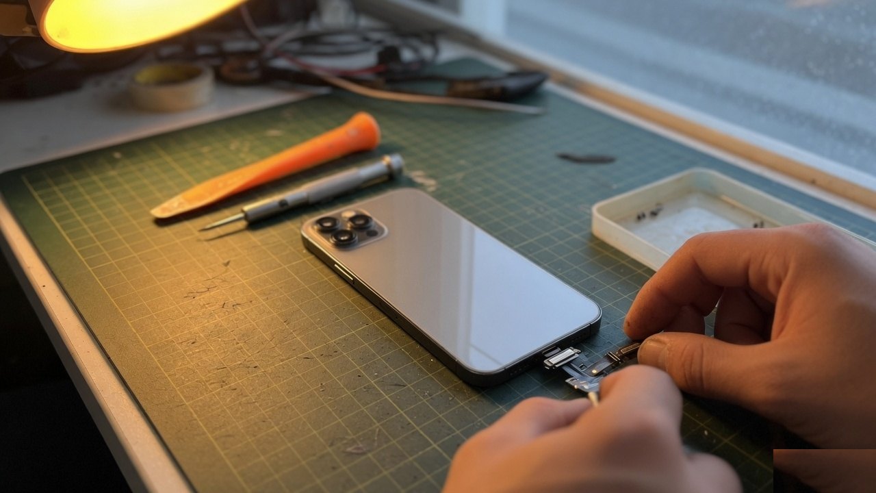 A phone’s charging connector on a repair bench